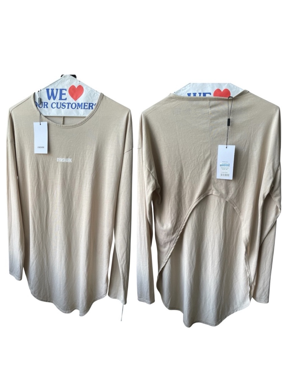 Gymshark Beige Long Sleeve Logo Tee Long front, Cropped Back Sand Beige Small